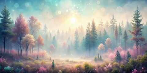 Soft and dreamy forest landscape with pastel colors and blurred edges, nature, scenery, trees, plants, flowers, peaceful