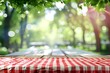 © volga - Sunny park picnic with red checkered tablecloth and wooden table