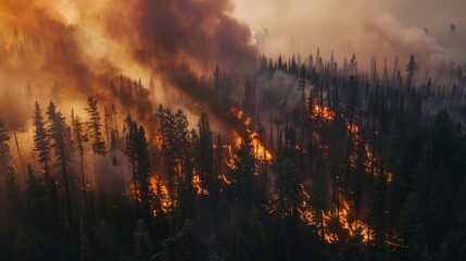 Wall Mural - Forest fires rage through the wilderness, a destructive force that also renews and rejuvenates the ecosystem.