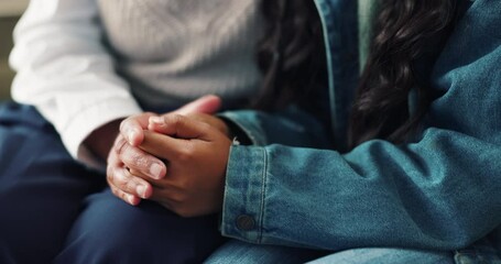 Wall Mural - Person, psychologist and hands with care for grief, consultation or understanding at therapy session. Closeup of people or therapist touching in support or love for help, couseling or trust together