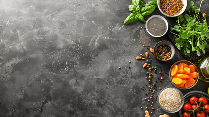 Healthy ingredients on dark stone background