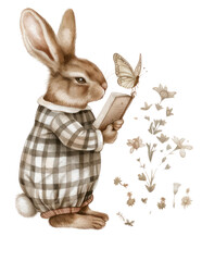 Wall Mural - PNG Rabbit reading book butterfly flowers