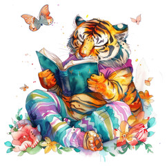 Poster - PNG Whimsical tiger reading book