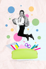 Wall Mural - Vertical photo collage of happy cute schoolboy jump pencil case hold globe geography lesson preparation isolated on painted background