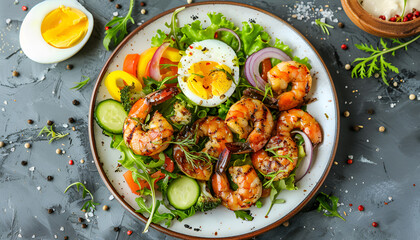 Healthy salad plate. Fresh seafood recipe. Grilled shrimps and fresh vegetable salad and egg. Grilled prawns. Top view