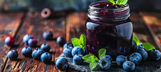 Wall Mural - Blueberry jam in a glass jar with fresh berries