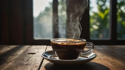 Wall Mural - cup of coffee on wooden table