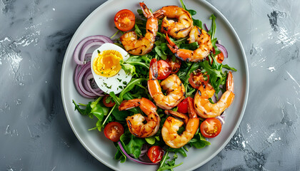 Wall Mural - Healthy salad plate. Fresh seafood recipe. Grilled shrimps and fresh vegetable salad and egg. Grilled prawns. Top view