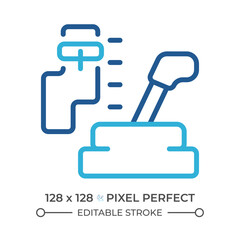 Sticker - Car gear box two color line icon. Automatic transmission. Gearbox maintenance. Car services bicolor outline symbol. Duotone linear pictogram. Isolated illustration. Editable stroke