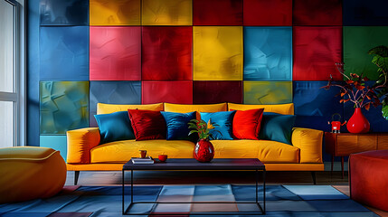 Wall Mural - A living room with a multi-colored wall and a couch with colorful pillows on it. The room also features a coffee table with a red vase on it.