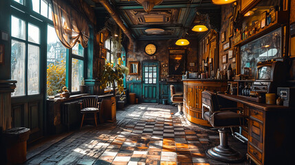 Wall Mural - Retro barbershop interior with vintage furniture and decoration.