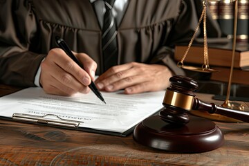 Male lawyer working with contract papers at table in office, closeup