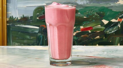 Wall Mural -  A tall glass with a smooth, pink drink sits atop a table beside a painting on the wall