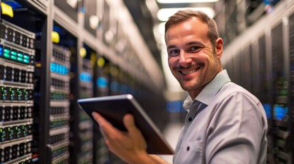 Aufkleber - A smiling IT Specialist stands in a data center, looking directly at the camera while holding a tablet
