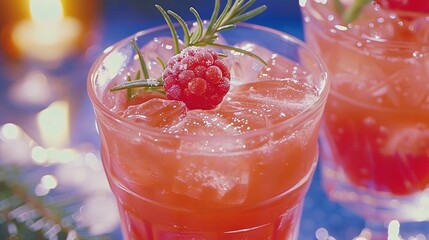 Wall Mural -   A drink in a glass with ice and a raspberry garnish on the rim - close up