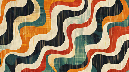 Poster - 
Abstract retro groovy seamless pattern with wavy lines and curves in orange, blue, red, black and beige colors on vintage linen texture background. Retro mid century design for textile, fabric, wallp