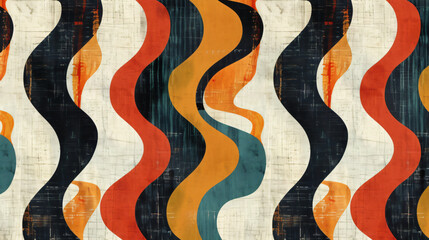 Poster - 
Abstract retro groovy seamless pattern with wavy lines and curves in orange, blue, red, black and beige colors on vintage linen texture background. Retro mid century design for textile, fabric, wallp