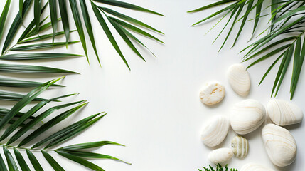 Wall Mural - Photo of White stones and palm leaves on white background, top view for spa concept banner.


