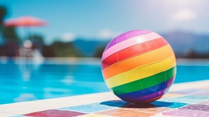 Wall Mural - Colorful beach ball floating in luxurious swimming pool   summer holidays background with copy space