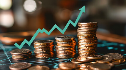 Stack of coins with rising arrow symbolizing financial growth, investment, and economic success on a blurred background.