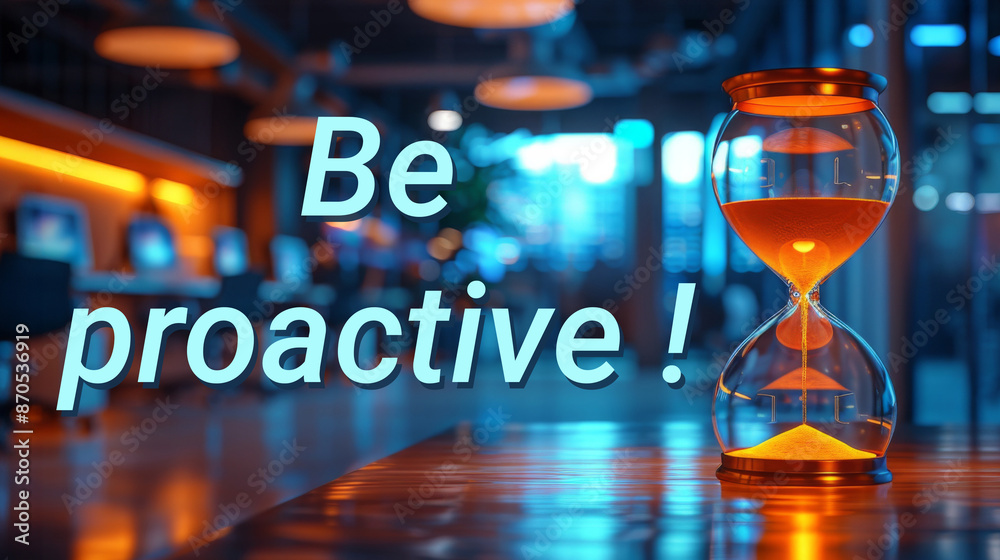 Be proactive text next to hourglass on office background. Business ...
