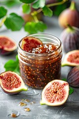 Wall Mural - Fig jam in a glass jar on a light gray table. Canning and storage of fruits. Jam for cheese and bruschetta. Place for text. 