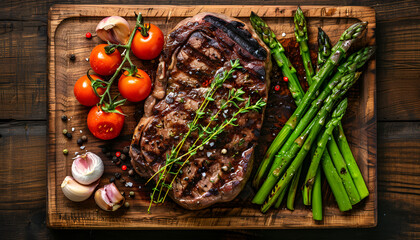 Wall Mural - Barbecue grilled beef steak meat with asparagus and tomatoes. Top view