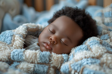 Wall Mural - sleepy swaddled African-American newborn baby boy laying on a blue rug in a basket with copy space