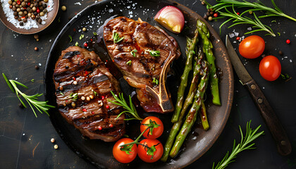 Wall Mural - Barbecue grilled beef steak meat with asparagus and tomatoes. Top view