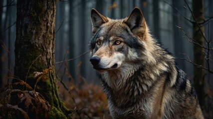  Close-up of a grey wolf standing in a dense forest, highlighting its intense gaze and natural beauty in a tranquil woodland setting.
