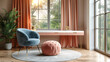 © Art_spiral - interior design of modern home living room with blue chair, round pink footstool and white desk near window. peach curtains and wooden floor lamp. luxury house interiour