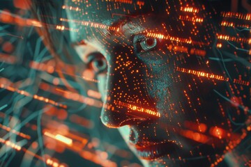 Futuristic woman with digital circuitry overlay