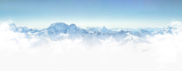 Wall Mural - Panorama of winter mountains in Caucasus region, Russia. Concept of natural beauty and majestic landscapes