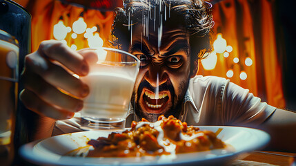 Wall Mural - A man reacting dramatically to a very spicy curry, holding a glass of milk while sweating, Wide Angle Shot.