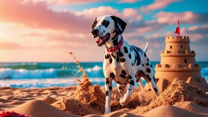 AI generated illustration of a Dalmatian dog playing on the beach near a sandcastle with the ocean