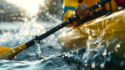 Wall Mural - A man is floating on the water on a yellow kayak. Canoeing and kayaking. Close-up. A sports competition. The water is splashing