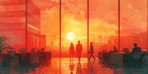 Wall Mural - Silhouette of business people work together in office. Concept of teamwork and partnership. double exposure with light effects