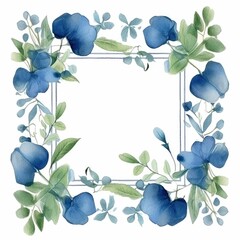 Wall Mural - Watercolor floral frame with blue flowers and greenery on a white background. Thin picture frame decorated with blue flower. Elegant botany concept for wedding stationery and design template. AIG35.