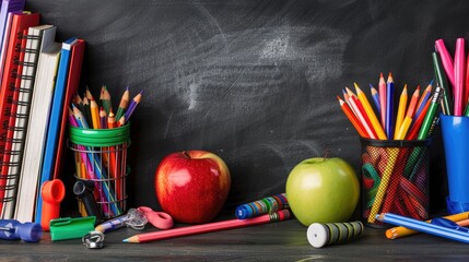 Pencils and stationery, a bouquet of flowers, a school snack on the blackboard background. Back to school. The beginning of the school year.