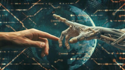 Poster - A human and robotic hand nearly touch against a digital network, showing the evolving bond between humanity and technology