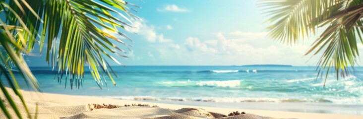 Wall Mural - Tropical beach background with sand and palm tree