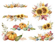© ElenaMedvedeva - Watercolor harvest thanksgiving day. Fall compositions with pumpkins, sunflowers and autumn leaves. Hand painted illustration for design, print, halloween, thanksgiving day, social media.