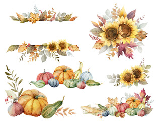 Wall Mural - watercolor harvest thanksgiving day. fall compositions with pumpkins, sunflowers and autumn leaves. 
