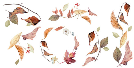 Wall Mural - Autumn watercolor floral illustration clipart. Fall dried branches and leaves. Arrangement for rustic wedding design, greeting cards, thanksgiving