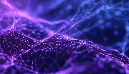 A close-up of an abstract digital web, with glowing lines and purple hues against a dark blue background. The perspective is from the left side, focusing on intricate patterns in geometric shapes like