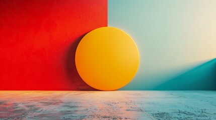 Wall Mural - A yellow circle is in the middle of a red and blue wall