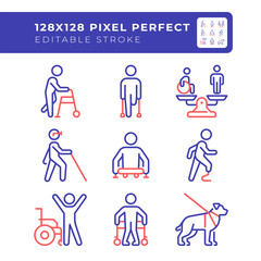 Wall Mural - People with amputation two color line icons set. Prosthetic limb, special needs. Equality and diversity. bicolor outline iconset isolated. Duotone pictograms thin linear. Editable stroke