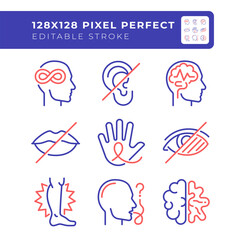 Poster - people with perception disorders two color line icons set. cognitive development, brain damage. ment