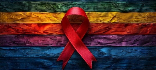 Wall Mural - Red ribbon symbol of AIDS and HIV disease with rainbow pride flag background. Generative AI technology.