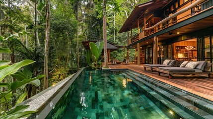 Sticker - This rainforest retreat effortlessly blends modern luxury with natural beauty. The use of sustainably sourced materials and open air living spaces create a harmonious and ecofriendly